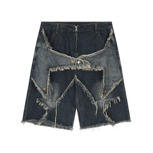 High street tvättade vintage lapptäcke jeans shorts för män rak bred ben baggy casual sommar denim knä längd byxor