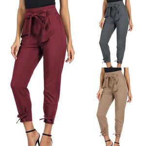 Spodnie damskie capris swobodne letnie kobiety solidne kolor elegancki kokard Wyjmowany pasek plus size ołówek biurowy