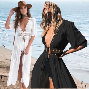 Bottoms Beach Fashion Long Maxi Dress Women Beach Cover Up Outing Tunic Pareo White V Neck Dresses Robe Swimsuit 2022 New Beachwear