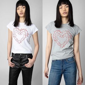 23ss Zadig Voltaire Verão Algodão Novas Mulheres Designer Camiseta Moda Carta Amor Impressão Quente Diamante Algodão Redondo Pescoço Manga Curta Praia Tees Duas Cores