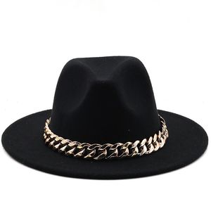 Chapéus largos de chapéu feminino Banda de ouro grossa clássico clássico preto bege feltrado panamá cowboy jazz masculino fedora fedora mulheres