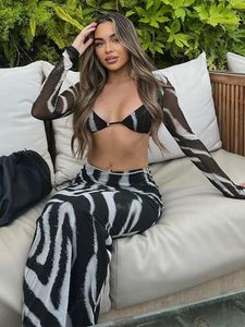 Cover-up Sexy V neck Zebra Stripes Two Pieces Sets 2023 Elegant Summer Women Hip Package Skirts Long Sleeve Short Top Party Suits A2069