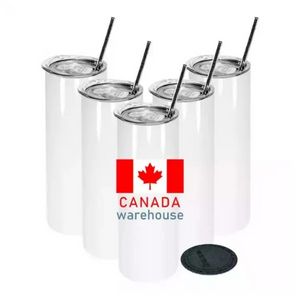 25pc/caixa US/CA estoque de 20 onças de 20 onças sublimação em branco Tumbler reto aço inoxidável parede dupla isolada copo de água fino com tampa e palha