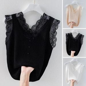 Women's Tanks V-Neck Sleeveless Women Vest Buttons Decor Ribbed Thin Bottoming Shirt Summer Crochet Lace Stitching Solid Color Tank Top