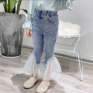 Jeans Girls Mesh Mesh Patchwork Palnts de jeans 2023 Moda de primavera Cut Cut Crianças Cowboy Troushers Roupos de crianças WS1474