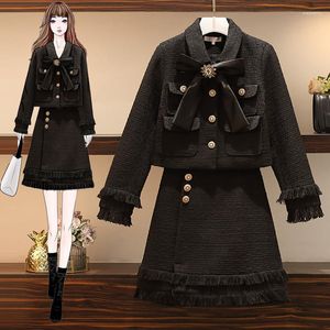 Work Dresses Plus Size Small Fragrance Runway Women Woolen Suit Black 2 Piece Set Vintage Bow Tassel Tweed Jacket Coat Skirt Two