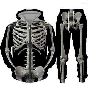 Herrespår skalle skelett 3d trycker mäns hoodie casual spårdräkt varma blixtlåsjackor svettbyxor sportkläder två bitar set manlig
