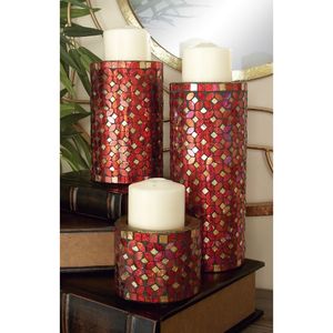 Suporte de vela de pilar de metal vermelho com 3 velas com padrão de mosaico, conjunto de 3