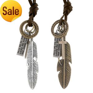 Hot Sale Accessories personality ladies feather necklace Mens Adjustable leaf Feather Pendants sweater chain Leather Necklace