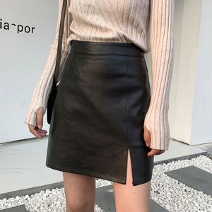 QNPQYX SLIT LEATHER تنورة أنثى الخريف الشتاء الجديد A- خط التنورة المكتب سيدة غمد تنورة عالية الخصر تنورة Mujer Faldas