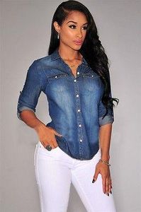 Shirt Women Casual Blue Jean Soft Denim Long Sleeve Shirt Tops Blouse Hot Lady Button Pocket Slim Top Sexy Blouse