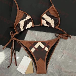 Brown Plaid Bikini Retro Pattern Swimsuit For Women Lace Up Triangle Swimwear Outdoor Summer Split Bathing Suit