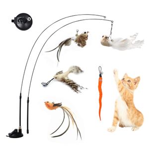 Toys Simulation Bird Interactive Cat Stick Toy med Sug Cup Funny Feather Bird för kattunge Spela Chase träning Cat Toy Supplies