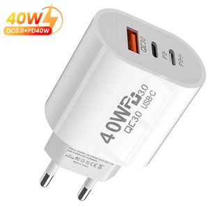 40W 3A Dual Pd USB C Wall Charger 3Ports QC3.0 Typ C Fast Charging Chargers Power Adapter US EU UK Plugs för Samsung S20 S22 Utral Nokia Xiaomi LG