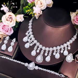 Necklace Earrings Set CWWZircons Clear White CZ Paved Dangle Tassel Water Drop Women Chunky Big Costume For Brides Wedding T711