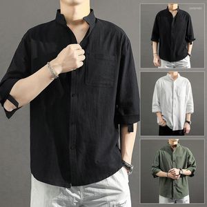 Camisas casuais masculinas linho de algodão Bloups Loose Color Stand Stand Collar Moda de Manga Moda Plus Tamanho 5xl Masculino T
