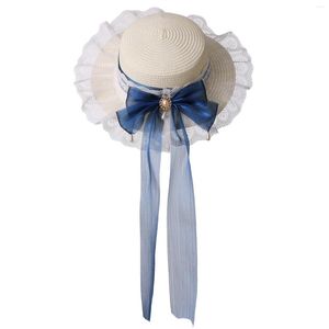 Geniş Memlu Şapkalar Yaz Straw Girls Kadınlar Kawaii lolita güneş şapk Tatlı dantel mori kız plaj Japon yay kurdele düz şapkası