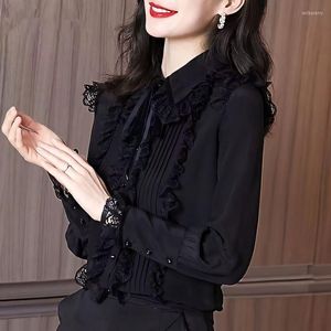 Blusas femininas 2023 outono coreano moderno retro elegante blusa preta sólida top feminino chique em manga longa de manga longa desgaste de trabalho camisa