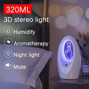 Apparater 320 ml mini ultraljuds luftfuktare 3D -lampa USB eterisk olja diffusor bilrenare aroman anjon mist maker med romantiskt ljus