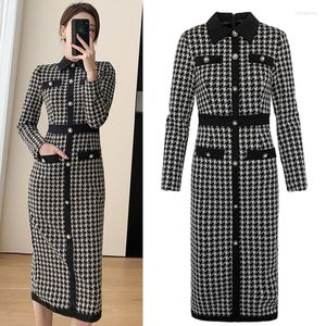 Casual Dresses Autumn Winter Knit Tweed Houndstooth Small Fragrance Style Dress Fashion Vintage Women Slim Long Sleeve Party Sweater