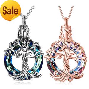 Cremation Jewelry Silver Tree of Life Urn Necklace for Ashes with Circle Crystal Memorial Keepsake Jewelry Gifts for Women