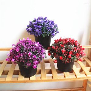 Decorative Flowers Mini Potted Artificial Bonsai Plastic Vase Set Home Balcony Decoration Red Purple Blue Wreath Flores Decor