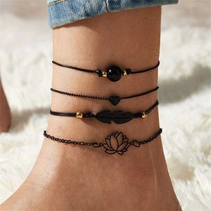 Anklets Fashion Black Multi-layer Anklet Heart Leaf Lotus Anklet Beaded Chain Summer Beach Foot Accessories For Women Jewelry Gift AA230512