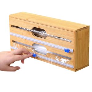 Organizzazione Dispenser di pellicola trasparente in bambù Divisorio per fogli da cucina con taglierino scorrevole Organizzatore di stoccaggio 2in1 per carta cerata in foglio di alluminio