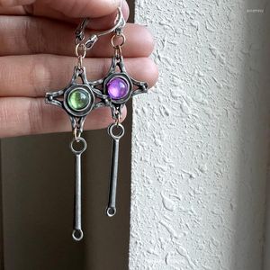 Dangle Earrings 2023 Green Purple Round Stone Handmade Long Vintage Antique Metal Women's Personalized Jewelry