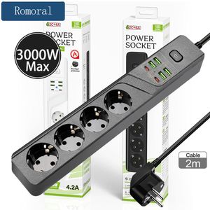 Adaptors Power Strip EU Plug with 4 Outlets and 6 Type C USB Charging Ports 2m Extension Cord Adapter for Home Office Computer TV iPhone