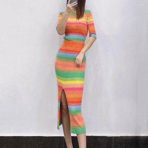 Work Dresses 2023 High Fashion Two Piece Set Summer Women Contrast Color Striped O-neck Half Sleeve Top Split Front Step Skirt 2 Peice Sets