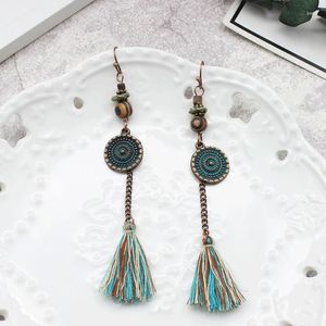 Dangle Küpe Bohem Charm Accessuar Mavi Dairesel Spiral Desen Ahşap Boncuklar Asılı Uzun Püsküller Sfringed Ring S Keep Hediye