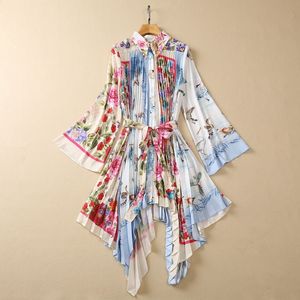 2023 Multicolor Floral Print Belted Cotton Dress Long Sleeve Lapel Neck Pleated Loose Midi Casual Dresses S3W090505