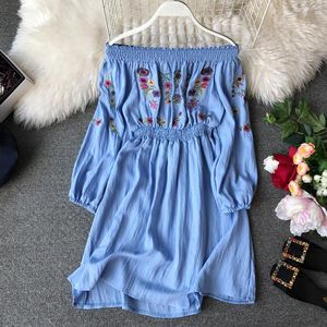 Casual Dresses 2023 Vintage Flower Embroidery Linen Dress Women Off Shoulder Long Sleeve Boho Mori Girl Elegant White Clothes