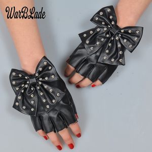 Five Fingers Gloves Warblade Fashion Fingerless Gloves Women's PU Leather Gloves Women's Luvas Dance Party Show Big Bow Rivet Half Finger Gloves 230512