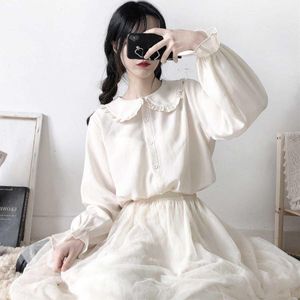 Shirts Cute Harajuku White Shirt Ruffle Tops Blouse Long Sleeve Sweet Lolita Basic Button Up Shirts Autumn 2021 New 100% Cotton