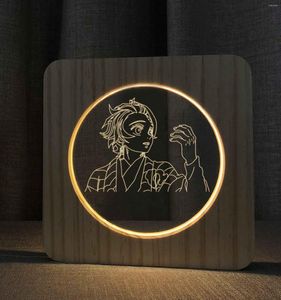 Nachtlichter Kimetsu No Yaiba Tanjiro für Kinderzimmer aus Holz, Arylic, Anime, 3D-Lampe, Tischlicht, Schaltersteuerung, Schnitzerei, LED-Tropfen