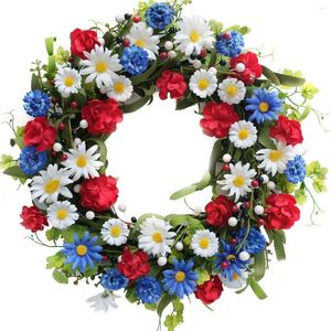 Decorative Flowers 15.75 Inch American Patriotic Wreath For Front Door Fourth Of July Independence Day Red White And Blue