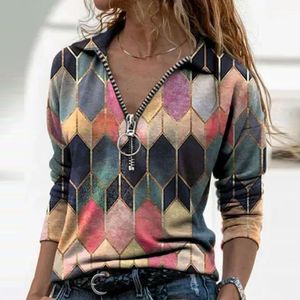 Рубашки женские с длинным рукавом, V-образным вырезом, блузка с геометрическим принтом, винтажная свободная рубашка-поло Y2K, топы в стиле Харадзюку, элегантная толстовка на молнии, туника