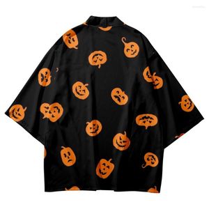 Ethnic Clothing Japanese Streetwear Jacket Kimono And Shorts Set Samurai Costume Haori Obi Men's Halloween Pumpkin Print Cardigan