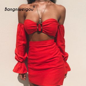 Work Dresses Cotton Red Skirt Padded Crop Top Bralette 2 Piece Set Women Summer Ruffle Petal Sleeve Bandeau Mini Two