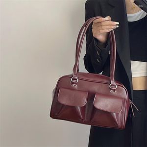 Evening Bags Vintage Women Business Shoulder Simple Ladies Commute Tote Bag Pu Leather Female Underarm Burgundy Large Handbags Purse