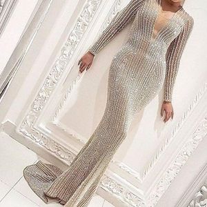 Casual Dresses Women Sexy Deep V- Neck Dress Autumn Winter 2023 Girl Evening Party Bronzing Long-sleeved Prom Long