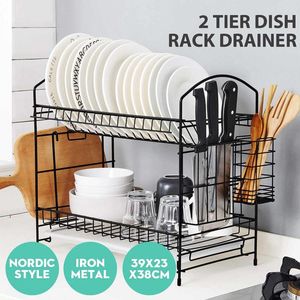 Hooks & Rails 2 Tier Dish Drainer Rack Holder Drying Shelf Plate Cup Cutlery Plates Drip Tray Kitchen Storage