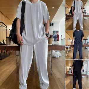 Gym Clothing 2023 Summer 2 Piece Set Men Solid Men's Clothes Ice Silk Draped Short Sleeve Tops Long Pants Loose Tracksuit Casual Suits