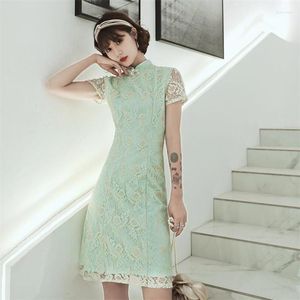 Abbigliamento etnico 2023 Estate Vintage Cinese Donna Pizzo Qipao Abito Sexy Elegante Manica corta Cheongsam Stile retrò Qi Pao Taglie forti S-XXL