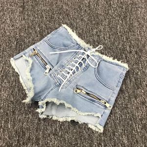 Damen Jeans Cross Lace-up Elastic Denim Short mit Reißverschlusstaschen Quaste Fransensaum – Damen/Frau 2023 Sexy Skinny Jean Shorts