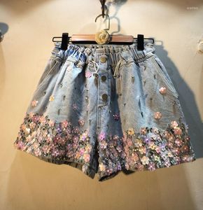 Shorts femininos Luxuy 2023 Moda Women Women Wide Leg Jeans Water Drill Breads lantejas de flores rosa casual jeans solto