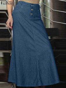 Dresses ZANZEA Women High Waist Denim Blue Skirt Fashion Summer Aline Party Long Skirts Faldas Saia Vintage Solid Work Maxi Skirt Jupe