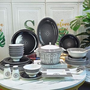 Geschirr-Sets, individuell gestaltet, Bone China, modisch, schwarzer Hintergrund, Linie, westlicher Teller, Reisschüssel, Suppentopf, Kaffee-Set, Geschirr